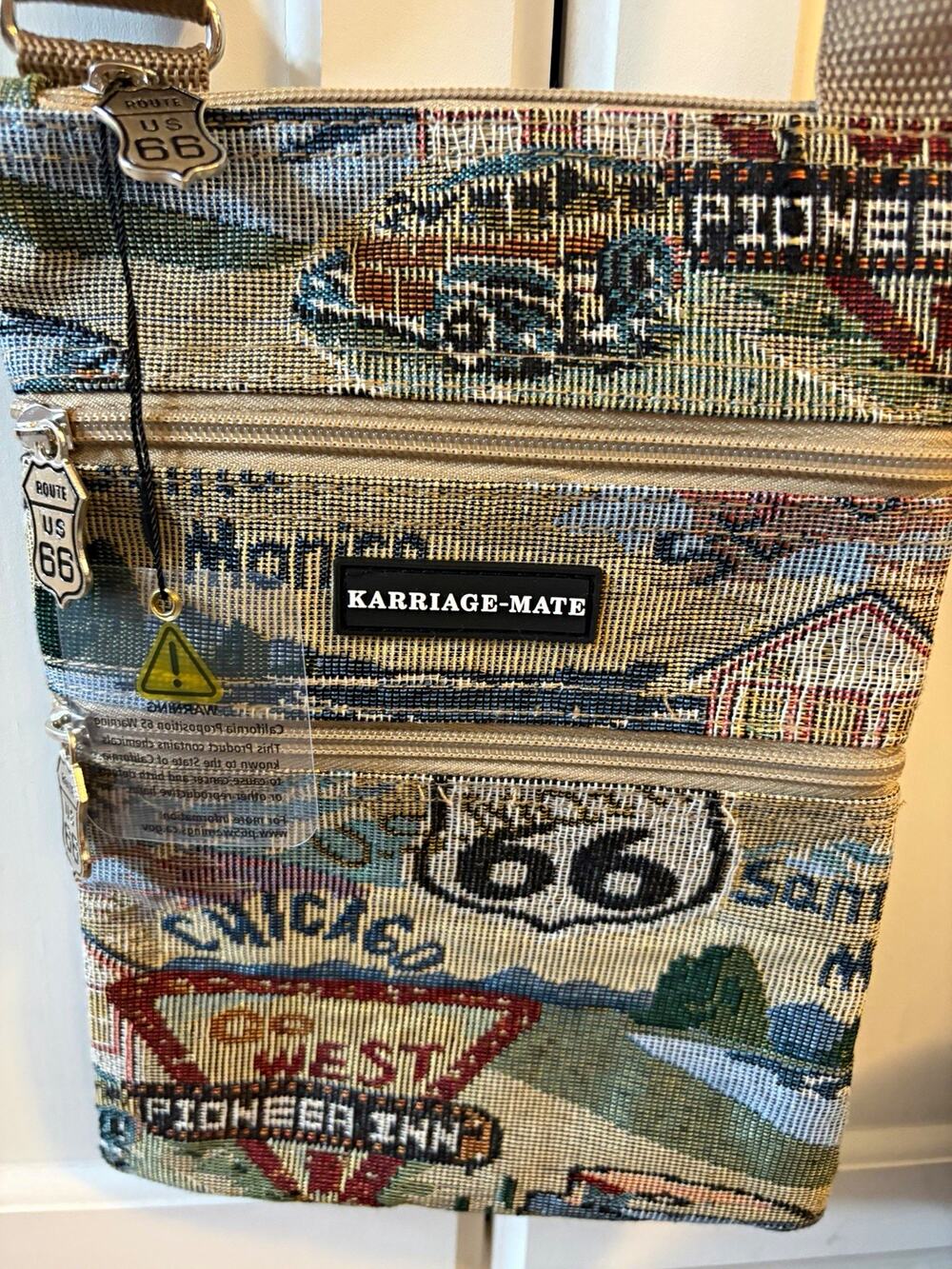 KARRIAGE-MATE Route 66 Graphic Print Tapestry Crossbody Bag Zip Pockets NWT